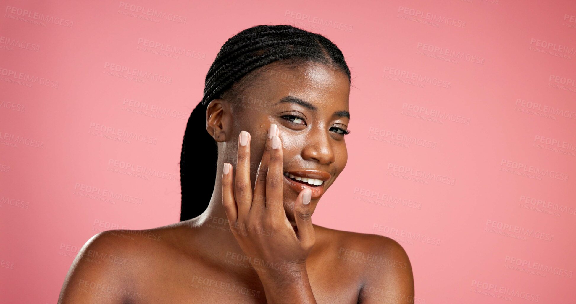 Buy stock photo Portrait, cosmetics and black woman with cream, skincare and smile for smooth skin and mockup space. Happy, person and facial treatment for wellness, studio background and lotion for beauty or shine