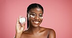 Portrait, black woman and cream container in studio for beauty, facial hydration and treatment. Happy, female person and lotion product with self care, sunscreen benefits and shine on pink background