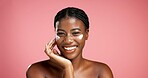 Portrait, black woman and happy with lotion in studio for beauty, facial hydration and treatment. Smile, female person and collagen cream of self care, sunscreen benefits and shine on pink background