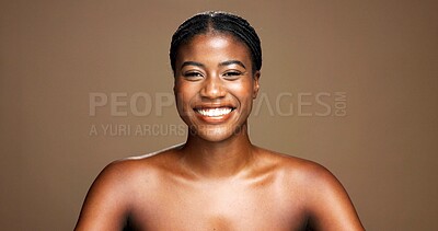 Buy stock photo Beauty, girl or portrait with skincare in studio for skin glow, collagen treatment or regeneration. Mockup, black woman or happy on brown background for cosmetics results, face hydration or self care