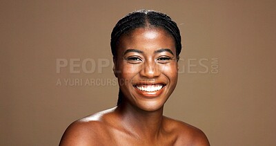 Buy stock photo Portrait, black woman and happy for skincare in studio with beauty, facial treatment and results. Smile, female person and natural cosmetics of dermatology, healthy shine and glow on brown background