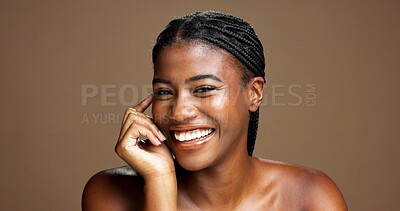 Buy stock photo Confidence, happy or black woman on brown background with skincare, portrait or healthy glow. Space, smile or African female person isolated in studio with smooth texture, beauty shine and cosmetics