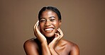 Portrait, black woman and proud for skincare in studio with beauty, facial treatment and results. Happy, female person and natural cosmetics of dermatology, healthy shine and glow on brown background