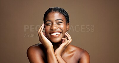 Buy stock photo Portrait, black woman and proud for skincare in studio with beauty, facial treatment and results. Happy, female person and natural cosmetics of dermatology, healthy shine and glow on brown background