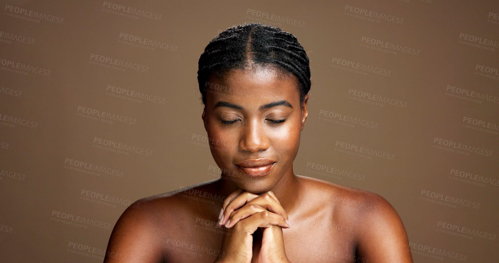 Buy stock photo African woman, beauty and skincare in studio background for change, facial treatment and results. Female person, hands together and natural cosmetics for shine, dermatology benefits and wellness goal