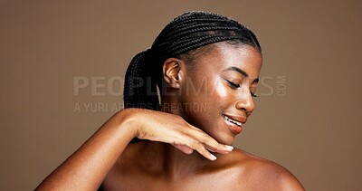 Buy stock photo Studio background, glow and woman with smooth skin, smile and treatment for shine and mock up space. Happy, black person and pride for dermatology, beauty and cosmetics for wellness or skincare