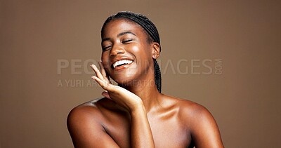 Buy stock photo Proud, happy or black woman on brown background with skincare, satisfaction or healthy glow. Space, smile or African female person isolated in studio with smooth texture, beauty shine and cosmetics