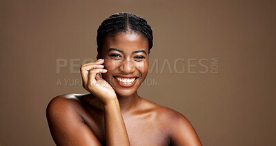 Buy stock photo Portrait, black woman and smile for beauty in studio with skincare, facial treatment and results. Happy, female person and natural cosmetics of dermatology, healthy shine and glow on brown background