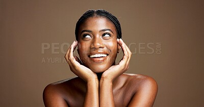 Buy stock photo Beauty, face and thinking with black woman on studio space for cosmetics or dermatology planning. Ideas, inspiration and skincare with smile of happy African model isolated on brown background
