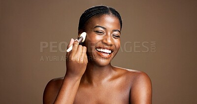 Buy stock photo Beauty, laughing and woman with brush for makeup, happy or tool for facial application or confident. Studio background, self care and black person with equipment for foundation, smile or mockup space