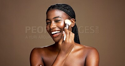 Buy stock photo Face, happy and woman with brush for makeup, beauty or equipment for facial application or cosmetic. Studio background, self care and black person with tools for foundation, smile and mockup space