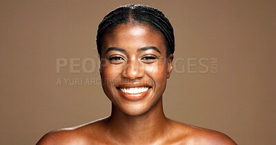 Buy stock photo Portrait, black woman and smile for skincare in studio with beauty, facial treatment and results. Happy, female person and natural cosmetics of dermatology, healthy shine and glow on brown background