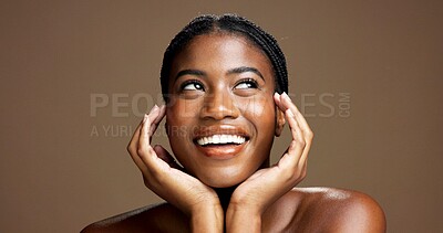 Buy stock photo Beauty, face and smile with black woman on studio space for cosmetics or dermatology planning. Inspiration, skincare and thinking with African model isolated on brown background for aesthetic ideas
