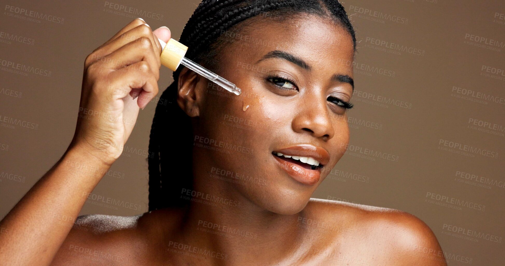 Buy stock photo Serum, cosmetics and portrait of black woman in studio for beauty product, skincare and dermatology. Glow, hyaluronic acid and self care with person and dropper on brown background space for retinol