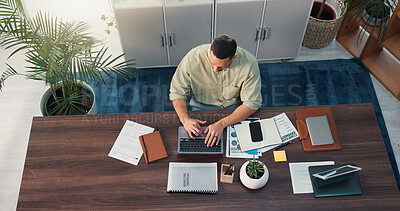 Buy stock photo Business, man and typing on laptop in office for finance report, budget planning and auditing. Above, male person and pc with documents, company expenditure and kpi information for marketing proposal