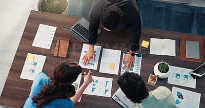 Buy stock photo Paperwork, notebook and business people in office for meeting with finance data, statistics or graphs. Documents, writing and top view of financial managers plan for company investment with charts.