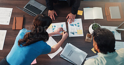 People, meeting and writing on graph documents for finance report, growth statistics and budget plan. Above, staff and team with notes on paperwork, financial charts and information for profit goals