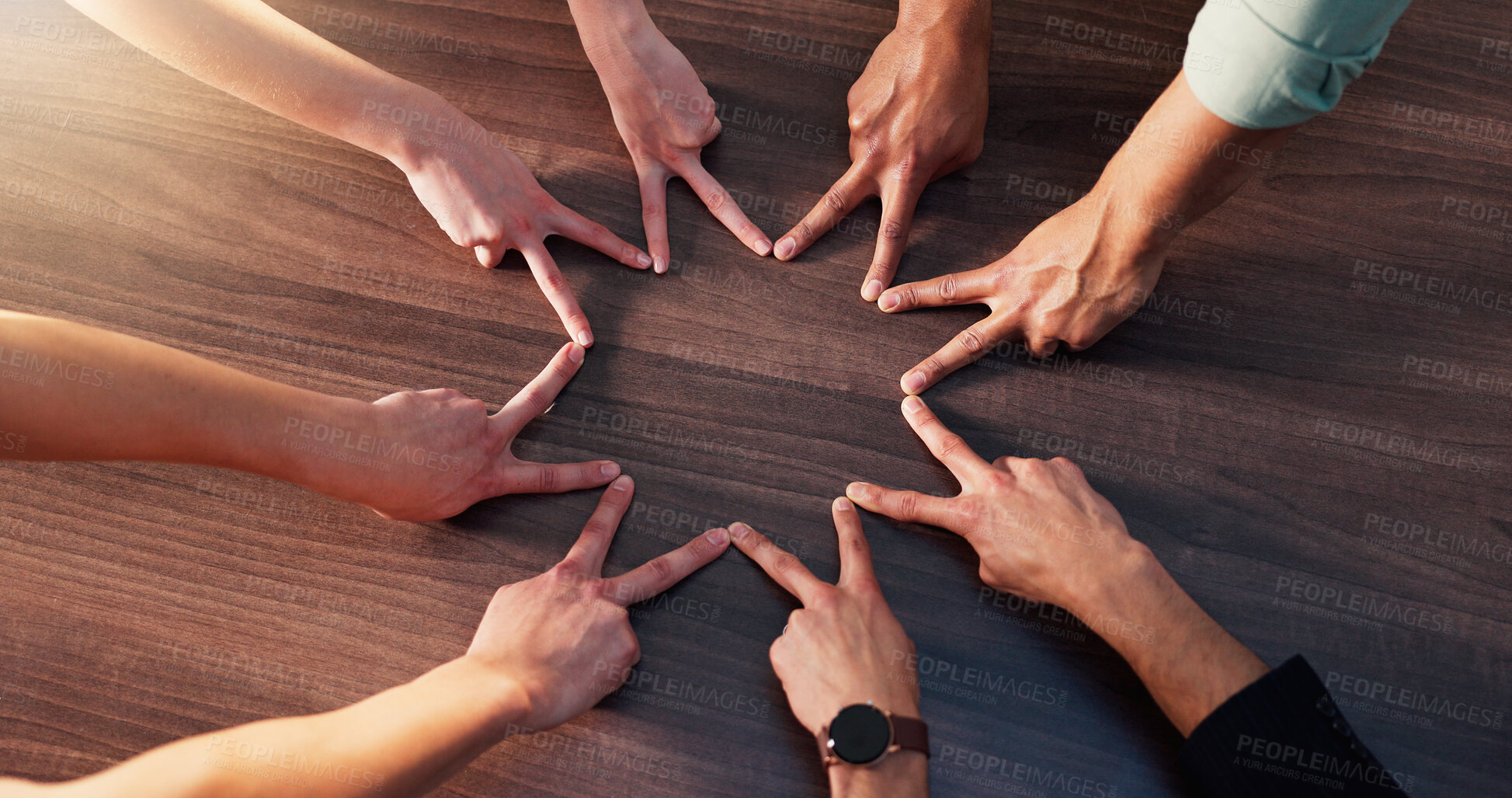 Buy stock photo People, hands and star with fingers in team building for connection, unity or mission above. Top view, group or employees with union or community in solidarity for social cohesion, synergy or support