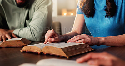 Buy stock photo Bible study, hands and religion with people in home together for Christian belief, faith or prayer. Book, reading and spirituality with group of friends in apartment for learning or God worship