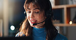 Woman, call center and headset for communication at night for advice, help desk and freelance customer service. Mic, laptop and agent on late shift for telecom, client support or remote work bokeh