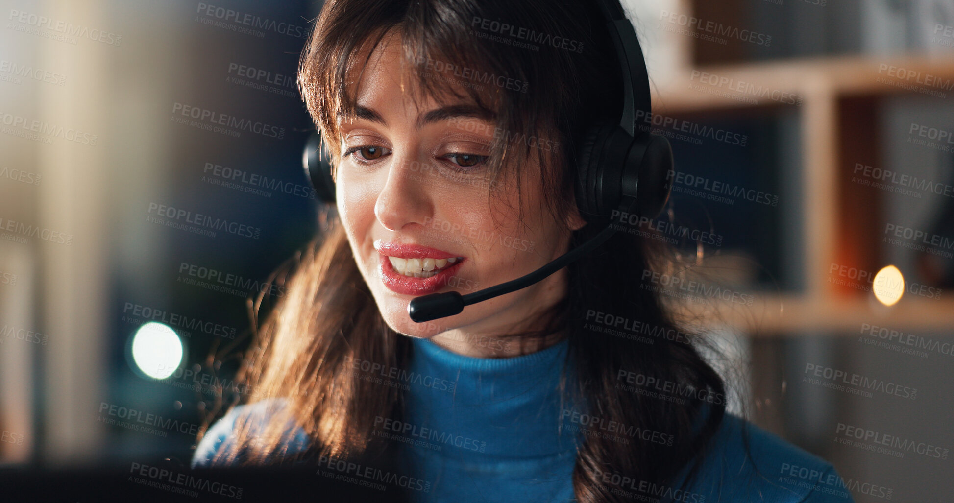 Buy stock photo Woman, call center and headset for communication at night for advice, help desk and freelance customer service. Mic, laptop and agent on late shift for telecom, client support or remote work bokeh
