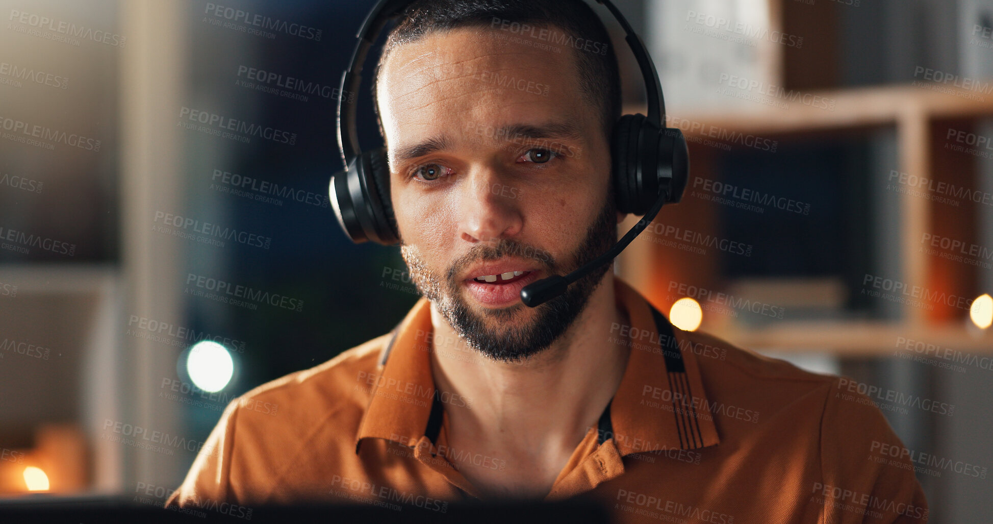 Buy stock photo Man, call center and headset for communication at night for advice, help desk and freelance customer service. Mic, laptop and male agent on late shift for telecom, client support or remote work bokeh