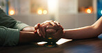 Couple, hands or trust with commitment for love, understanding or comfort on desk in home. Closeup, people and hope together with care, empathy or faith for support, relationship or kindness in house