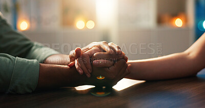 Buy stock photo Couple, hands or trust with commitment for love, understanding or comfort on desk in home. Closeup, people and hope together with care, empathy or faith for support, relationship or kindness in house