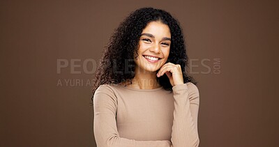 Buy stock photo Beauty, smile and portrait of woman in studio for natural makeup, glow and self care. Happiness, shine and aesthetic with female person on brown background space for dermatology and hydration
