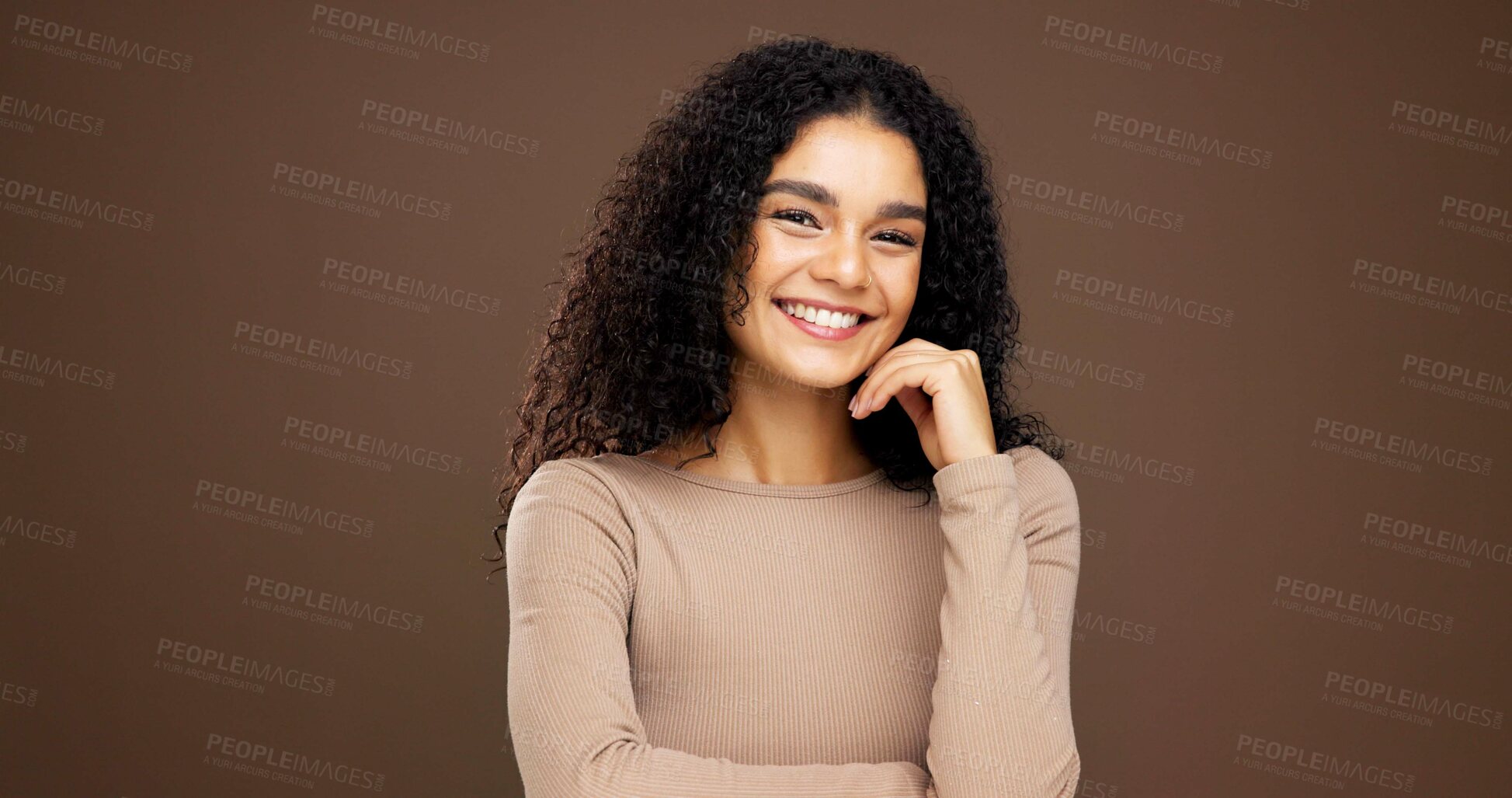Buy stock photo Beauty, smile and portrait of woman in studio for natural makeup, glow and self care. Happiness, shine and aesthetic with female person on brown background space for dermatology and hydration