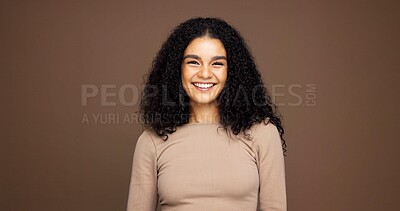 Buy stock photo Beauty, shine and portrait of woman in studio for natural makeup, smile and self care. Happiness, glow and aesthetic with female person on brown background space for dermatology and hydration