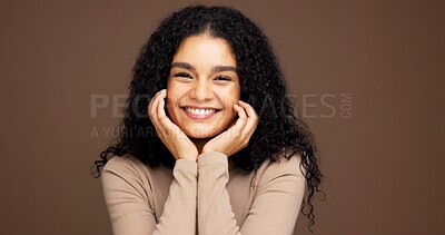Buy stock photo Makeup, smile and portrait of woman in studio for cosmetics, beauty or facial glow with self care. Happy, natural and person from Colombia with face cosmetology for confidence by brown background.