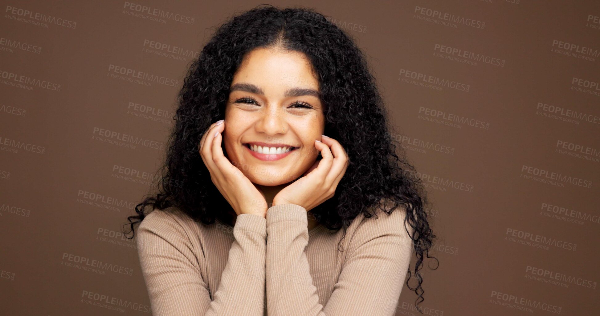 Buy stock photo Makeup, smile and portrait of woman in studio for cosmetics, beauty or facial glow with self care. Happy, natural and person from Colombia with face cosmetology for confidence by brown background.