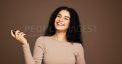 Buy stock photo Portrait, product and woman with spray, studio background or smile for fresh scent, beauty or pride. Mockup space, person or confident with cosmetic for smell, perfume or getting ready with fragrance