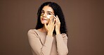 Portrait, woman and eye patches for skincare, detox and hydration on brown studio background. Face, cosmetics and model with gel mask for beauty, dermatology or facial application with mockup space