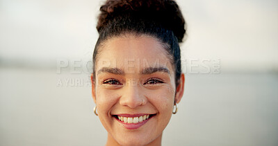 Buy stock photo Portrait, smile and woman for travel outdoor for vacation, weekend break and adventure trip. Face, happy and space with female person on holiday, proud tourist and positive attitude of abroad getaway