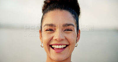 Buy stock photo Portrait, happy and woman for travel outdoor for vacation, weekend break and adventure trip. Face, smile and space with female person relax on holiday, tourist and positive attitude of getaway abroad