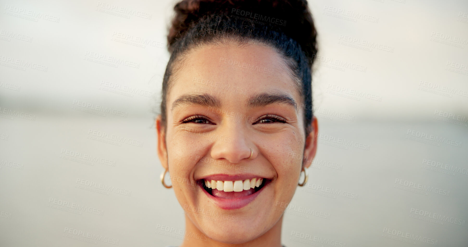 Buy stock photo Portrait, happy and woman for travel outdoor for vacation, weekend break and adventure trip. Face, smile and space with female person relax on holiday, tourist and positive attitude of getaway abroad