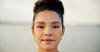 Buy stock photo Portrait, woman and travel outdoor for vacation, weekend break and adventure trip. Face, female person and space with morning peace for holiday, tourist destination and calm for getaway abroad