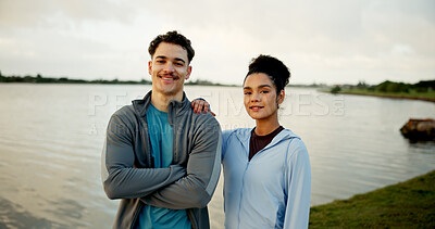 Buy stock photo Happy couple, portrait or fitness at river for health, wellness or physical activity in nature. Active, man or woman with confidence for morning workout, training or exercise together at lake or pond