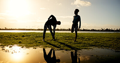 Buy stock photo Silhouette, fitness or stretching with couple at lake for workout preparation, exercise or training. Active, man and woman in nature with warm up for physical activity, health or wellness at river