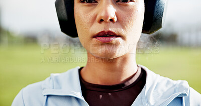 Buy stock photo Fitness, headphones and portrait of woman outdoor for start of running or training routine. Exercise, music and streaming with runner or sports athlete in nature park for cardio challenge or workout