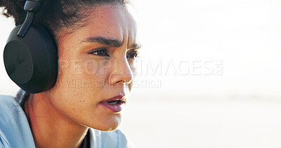 Buy stock photo Headphones, woman thinking or runner with outdoor space for training, workout or exercise. Mockup, resting or sports girl athlete on break for streaming radio, music audio or fitness podcast to relax