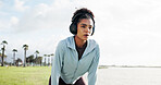 Headphones, woman thinking or runner in lake with space for training, workout or exercise. Park, resting or sports girl athlete on break for streaming radio, music audio or fitness podcast to relax