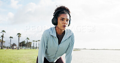 Buy stock photo Headphones, woman thinking or runner in lake with space for training, workout or exercise. Park, resting or sports girl athlete on break for streaming radio, music audio or fitness podcast to relax