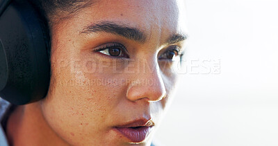 Buy stock photo Headphones, woman thinking or runner with sky space for training, workout or exercise. Outdoor, resting or sports girl athlete on break for streaming radio, music mockup or fitness podcast to relax