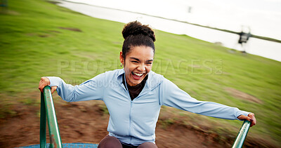 Buy stock photo Woman, happy and spinning on roundabout at playground for workout break, adrenaline or energy. Fitness, excited and person with laughing on carousel at park for playing, freedom or rest from exercise