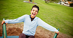 Woman, laughing and spinning on roundabout at playground for workout break, adrenaline and portrait. Fitness, POV and excited person on merry go round at park for playing, freedom and amusement ride