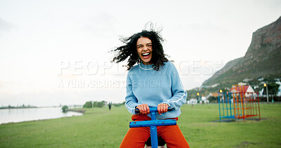 Buy stock photo Face, laughing and seesaw with woman outdoor at lake in park for comedy, excitement or morning fun. Field, pov and space with funny person at playground in nature for holiday, vacation or wellness