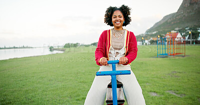 Buy stock photo Portrait, seesaw and smile with woman outdoor at lake in nature for morning activity or fun ride. Field, pov and space with happy person at playground in green park for holiday, vacation or wellness